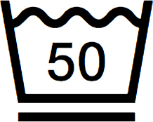 Mild agitation at 50 °C|Normalno sušenje u sušilici na niskoj temperaturi|Glačanje, srednja temperatura|Professional dry cleaning in tetrachloroethene and all solvents listed for the symbol P, mild process|Don't bleach